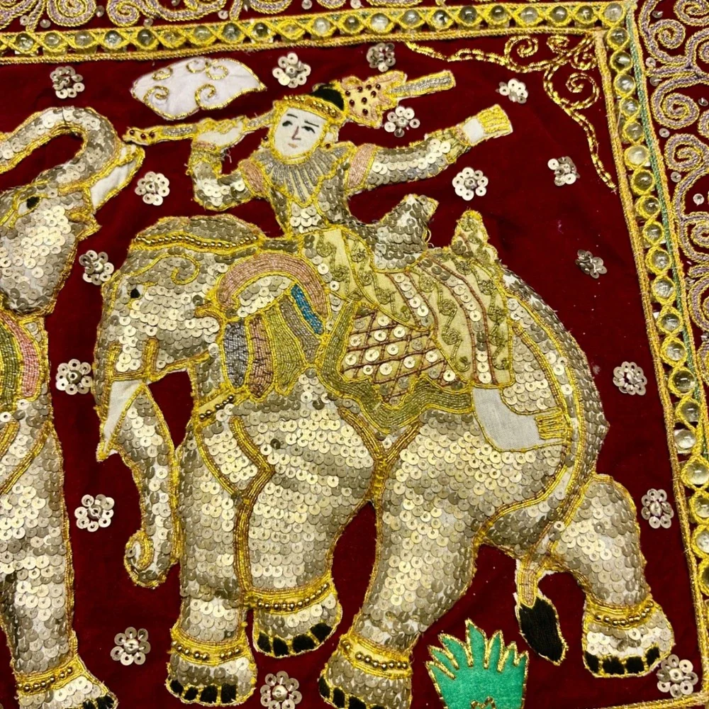 Vintage Kalaga Tapestry Velvet beaded wall scroll Gold Elephant Embroidery